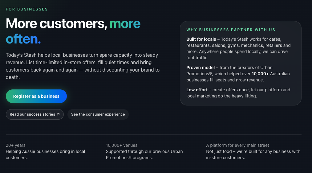 Business landing — merchant onboarding and partner benefits