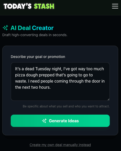 Merchant typing a natural language prompt into the AI Deal Creator